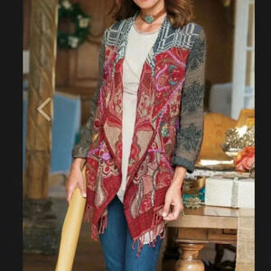 Soft Surroundings Juliette Fringe Kimono Size XS 100% Wool Mixed Media Boho